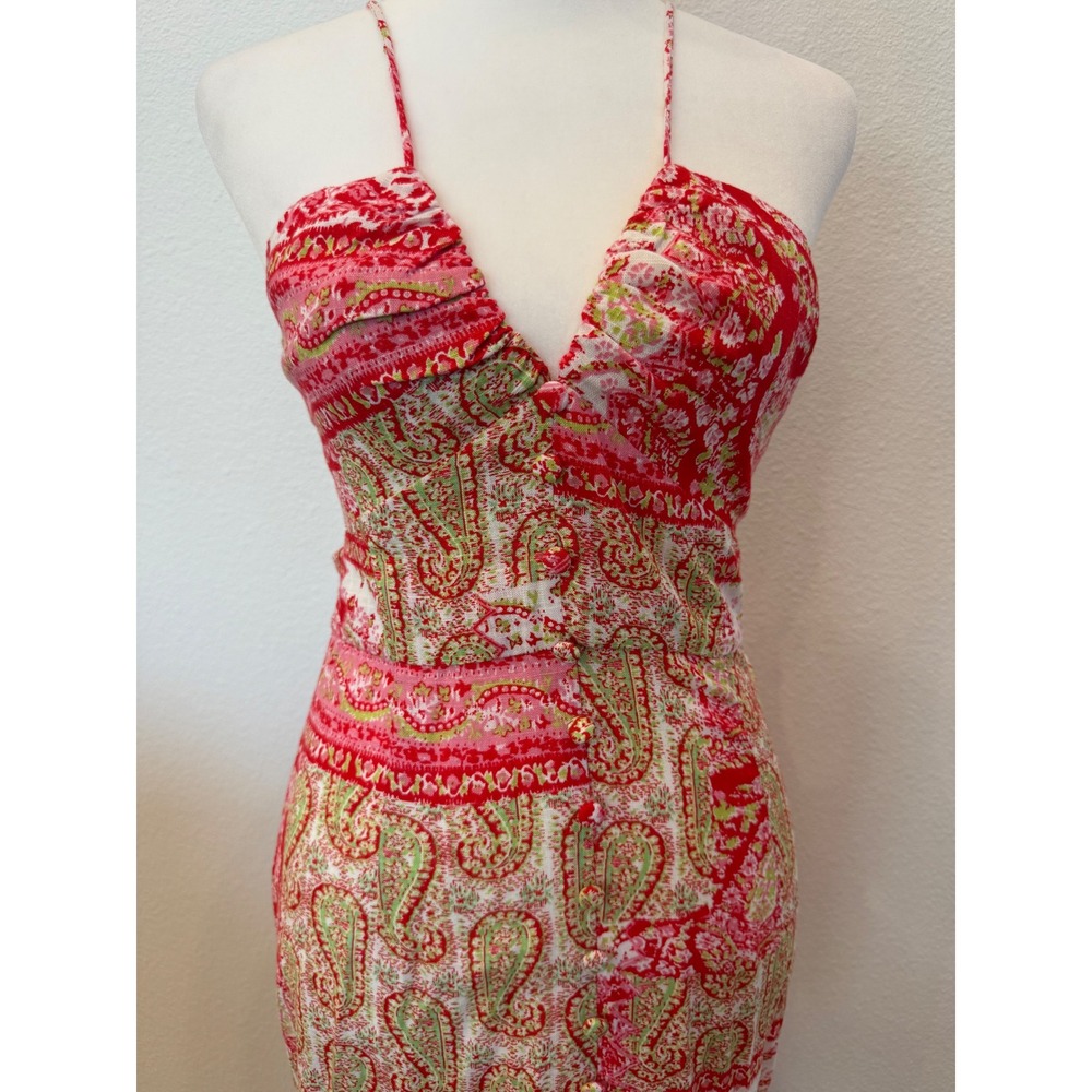 Zara Red Paisley Print Dress Halter Tie Back Cut Out Maxi Boho Blogger Fave‎ S - Picture 2 of 9